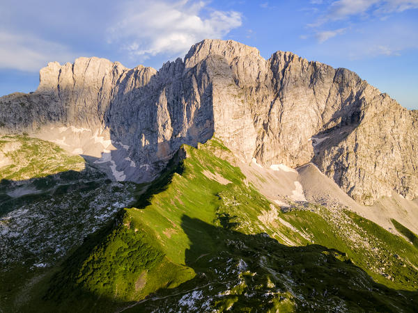 Mount Presolana aerial view at sunset in Orobie alps, Bergamo province, Lombardy district, Italy, Europe.
