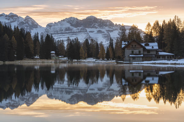 Sunrise in Nambino lake, Madonna di Campiglio, Trento province in Trentino Alto Adige, Italy, Europe.