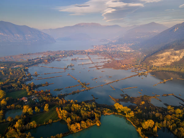 Sunset over Franciacorta and Torbiere del Sebino natural reserve, Brescia province in Italy, Lombardy, Europe.