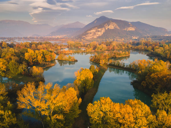 Sunset over Franciacorta and Torbiere del Sebino natural reserve, Brescia province in Italy, Lombardy, Europe.