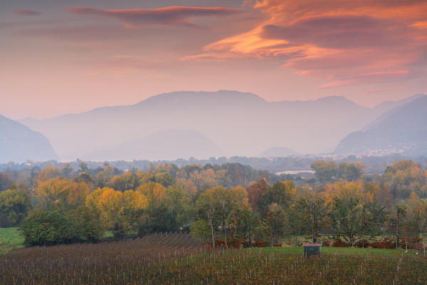 Sunset over Franciacorta and Torbiere del Sebino natural reserve, Brescia province in Italy, Lombardy, Europe.