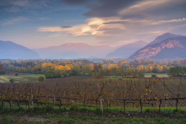 Sunset over Franciacorta and Torbiere del Sebino natural reserve, Brescia province in Italy, Lombardy, Europe.