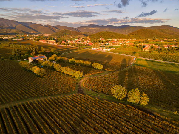 Aerial view of Franciacorta in autumn season, Brescia province, Lombardy district, Italy.