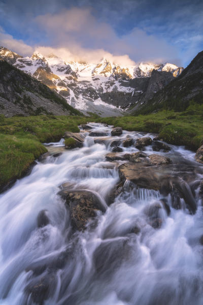 Aviolo river at sunset in spring season, Adamello park in Brescia province, Lombardy district, Italy, Europe.