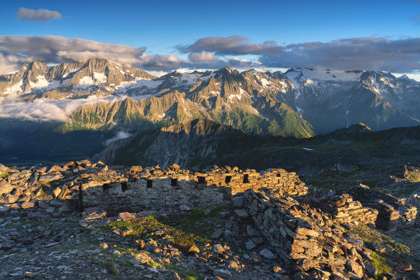 Presanella group at sunset view from Cima Casaiole in Stelvio national park, Brescia province, Lombardy, Italy, Europe.