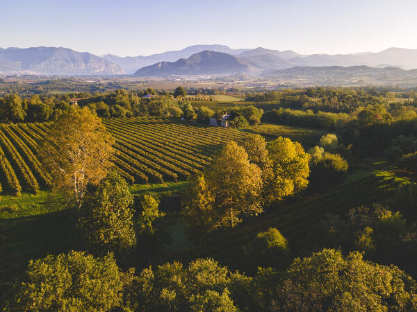 Aerial view from Franciacorta in Autumn season, Lombardy district, Italy, Europe.