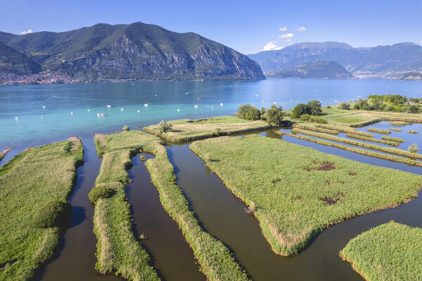 Iseo lake aerial view in summer days, Brescia province in Lombardy district, Italy, Europe.