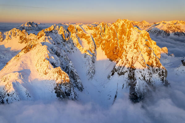 Italian alps sunrise aerial view in Lombardy district, Brescia province in Italy.