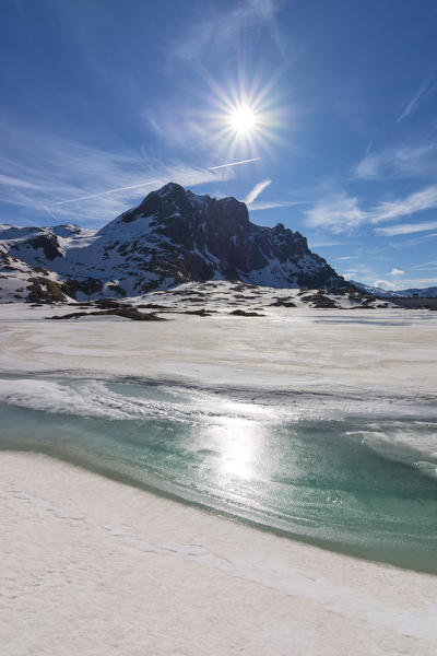Europe, Italy, thaw at vacca Lake, Adamello park, province of Brescia.