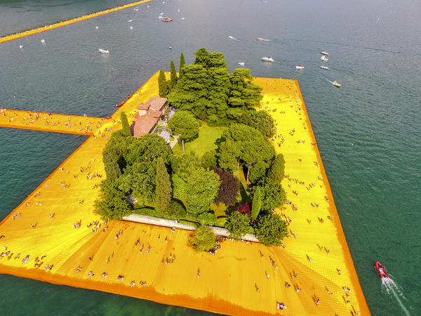 Europe, Italy, The floating piers in iseo lake, province of Brescia.