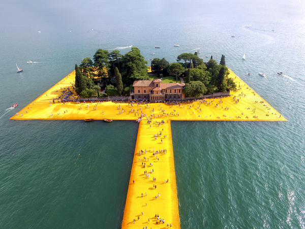 Aerial view of the floating piers in Iseo lake, Brescia province, Lombardy, Italy.