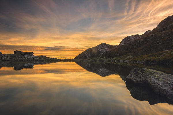 Tonolini refuge at Sunset, Adamello park, Brescia province, Lombardy, Italy