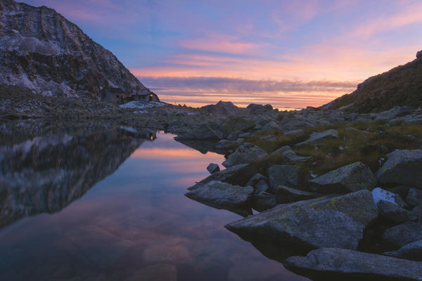 Europe,Italy, Tonolini refuge at Sunset, Adamello park in province of Brescia.