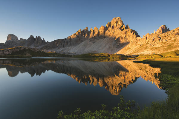 Mount paterno reflection at dawn, Bolzano Province, Trentino Alto Adige, Italy.