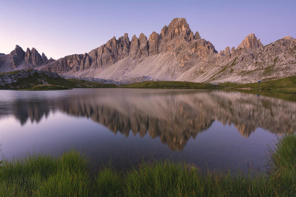 Mount Paterno reflection at dawn, Bolzano Province, Trentino Alto Adige, Italy.
