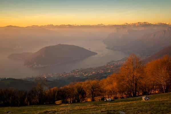 Iseo lake view from Colmi of Sulzano at Sunset, Brescia province, Italy, Lombardy district, Europe.