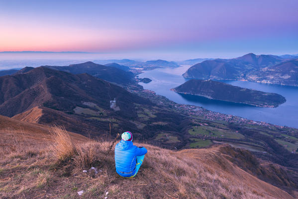 Iseo lake view from Punta Almana at dawn, Brescia province, Italy, Lombardy district, Europe.