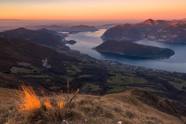 Iseo lake view from Punta Almana at dawn, Brescia province, Italy, Lombardy district, Europe.