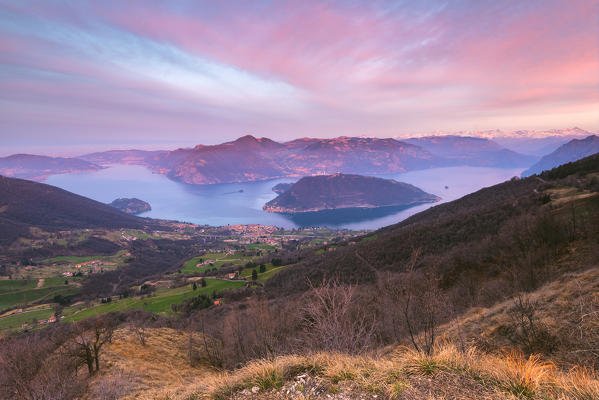 Iseo lake and montisola at sunrise, Brescia province, Italy, Lombardy district, Europe.