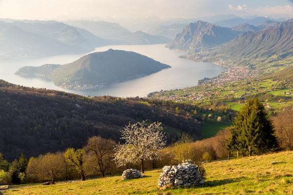 Sunset over Iseo lake and Montisola, Brescia province, Italy, Lombardy district, Europe.