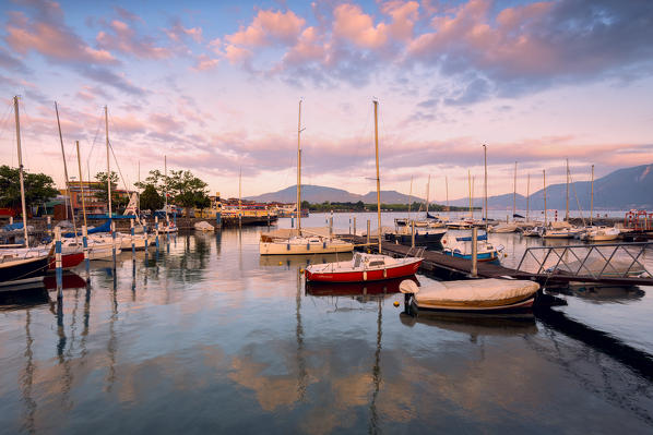 Port of Iseo at dawn, Brescia province, Lombardy district, Italy, Europe.