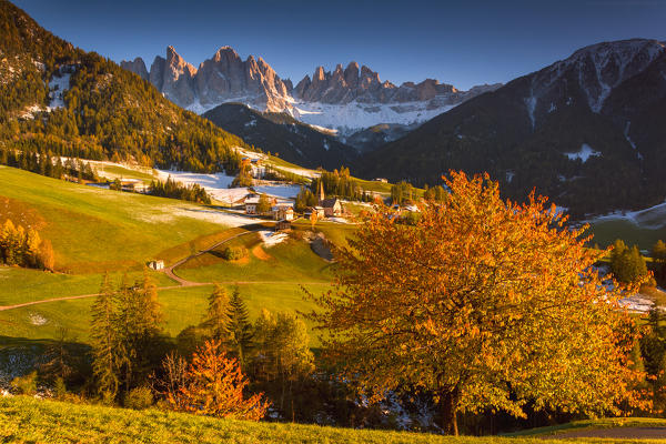 Sankta Magdalena at Sunset in Funes valley, Odle Natural park in Trentino Alto Adige district, Italy, Bolzano province, Europe.