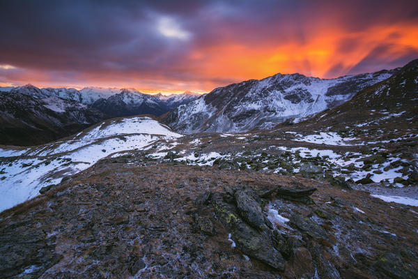 Sunset in Stelvio national Park, Brescia province, Lombardy district, Italy, Europe.