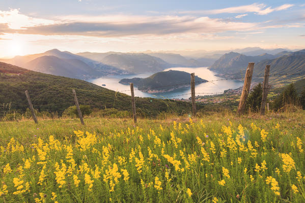 Sunset Over Iseo lake and Montisola, Brescia province in Lombardy district, Italy, Europe.