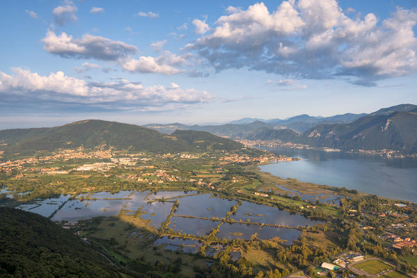 Panoramic view at dawn over Iseo lake, Brescia province in Lombardy district, Italy, Europe.