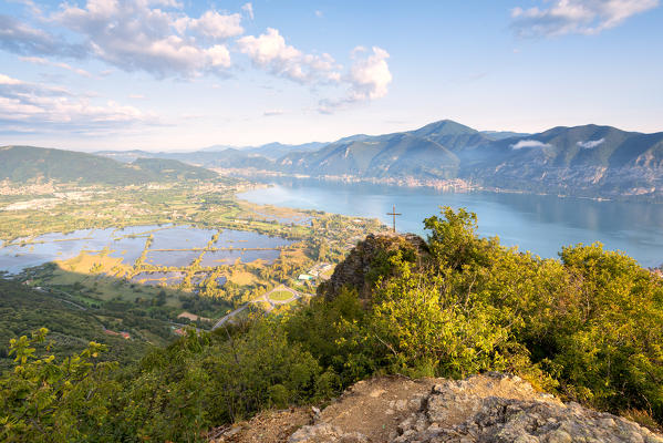 Panoramic view at dawn over Iseo lake, Brescia province in Lombardy district, Italy, Europe.