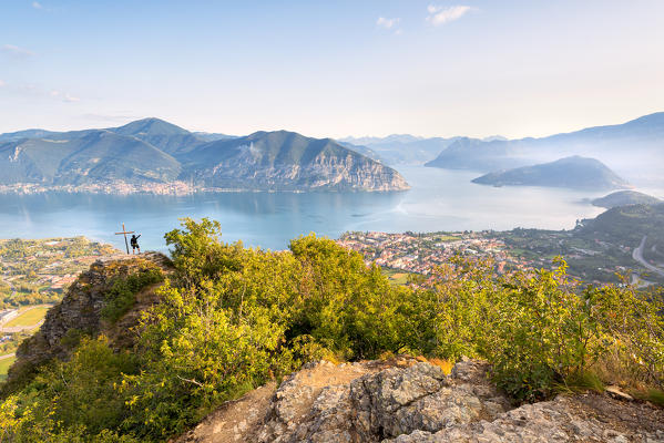 Panoramic view at dawn over Iseo lake, Brescia province in Lombardy district, Italy, Europe.