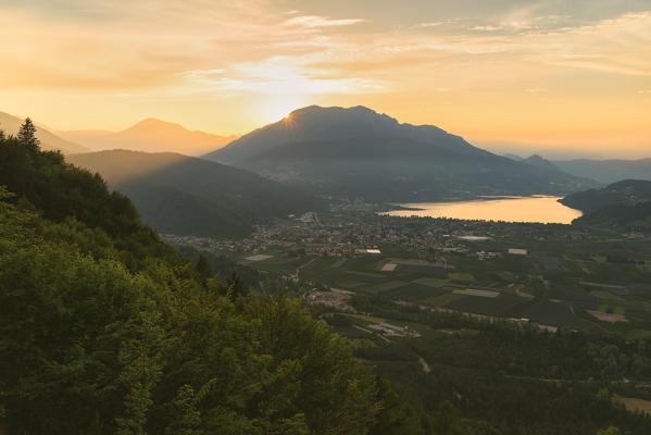Caldonazzo lake, Trento, Province of Trentino Alto Adige, Italy. Panorama of two lakes from Monterovere.