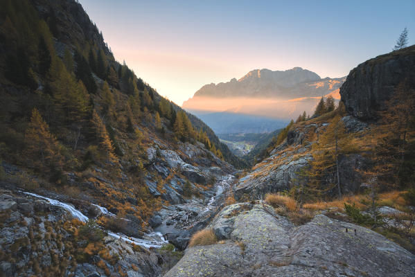 Mount Presolana at dawn in Scalve Valley, Lombardy, Bergamo province, Italy.