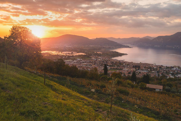 Iseo lake at sunset, Brescia province, Lombardy district, Italy.