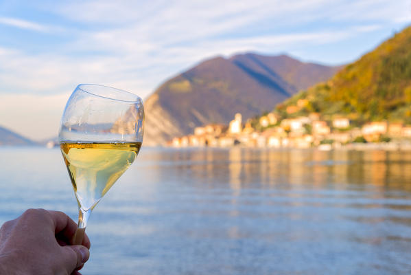 A glass of Franciacorta, Iseo lake, Brescia province, Lombardy district, Italy.