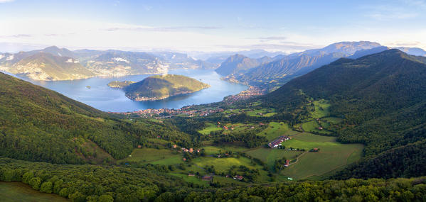 Aerial view from Iseo lake, Iseo lake, Brescia province, Lombardy district, Italy.