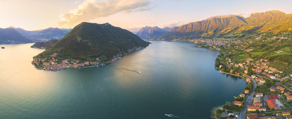 Aerial view from Iseo lake at sunset, Brescia province, Lombardy district, Italy.