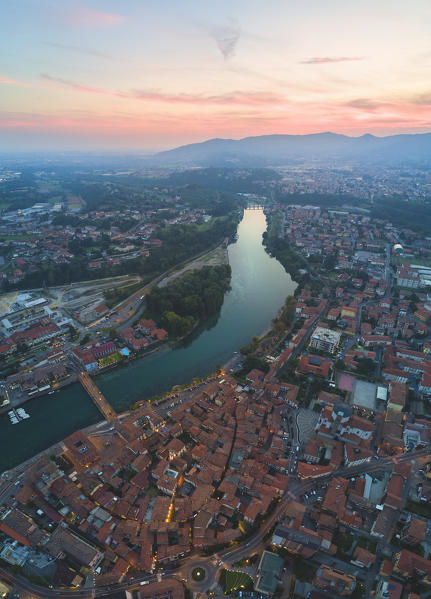 Aerial view from Iseo lake at sunset, Brescia province, Lombardy district, Italy.