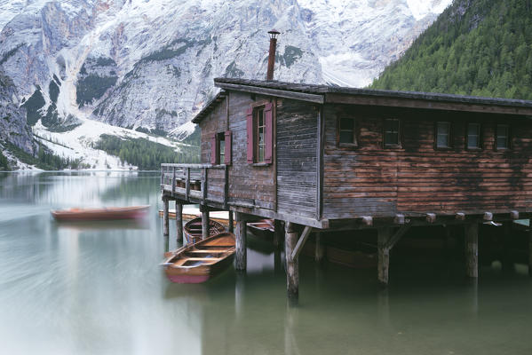 
Braies / Prags, Dolomites, South Tyrol, Italy. The Lake Braies / Pragser Wildsee at sunrise