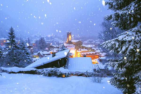 Ponte di Legno under the snowfall, Lombardy district, Brescia province,Italy.