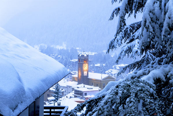 Ponte di Legno under the snowfall, Lombardy district, Brescia province,Italy.