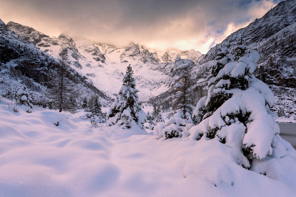 Aviolo lake in winter season, Adamello park, Lombardy district, Brescia province, Italy.