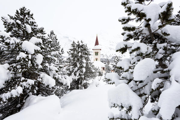 Snowy landscape and the typical church Maloja Canton of Graubünden Engadine Switzerland Europe