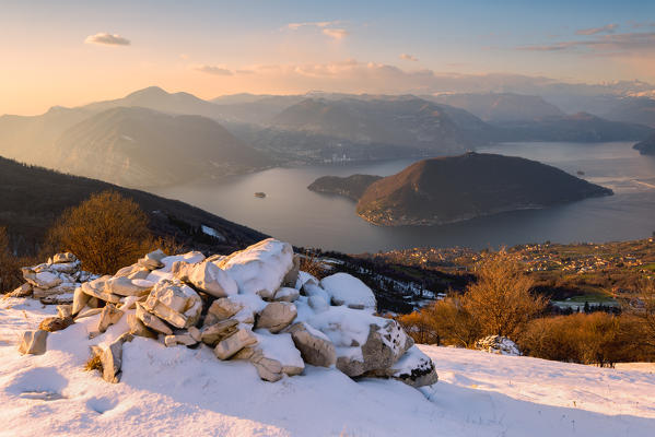 Winter in iseo lake at sunset, Lombardy district, Brescia province, Italy.