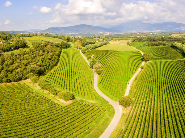 Franciacorta aerial view, Lombardy district, Brescia province, Italy.