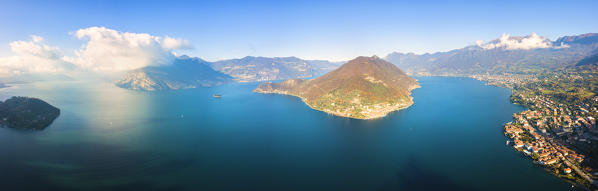 Aerial view of Iseo lake, Lombardy district, Brescia province, Italy.