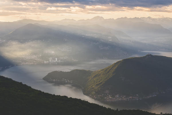 Montisola and iseo lake at sunset, Lombardy district, Brescia province, Italy.