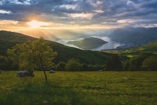 Montisola and iseo lake at sunset, Lombardy district, Brescia province, Italy.