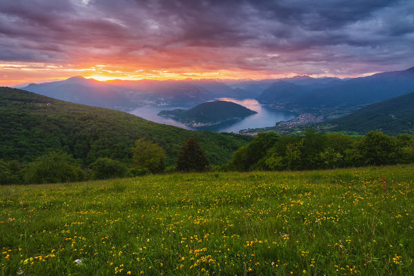 Montisola and iseo lake at sunset, Lombardy district, Brescia province, Italy.