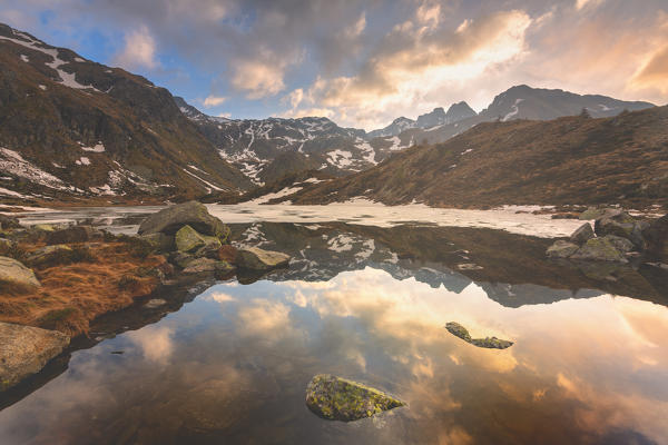 Seroti lake at thaw in Stelvio national park, Lombardy district, Brescia province Italy.